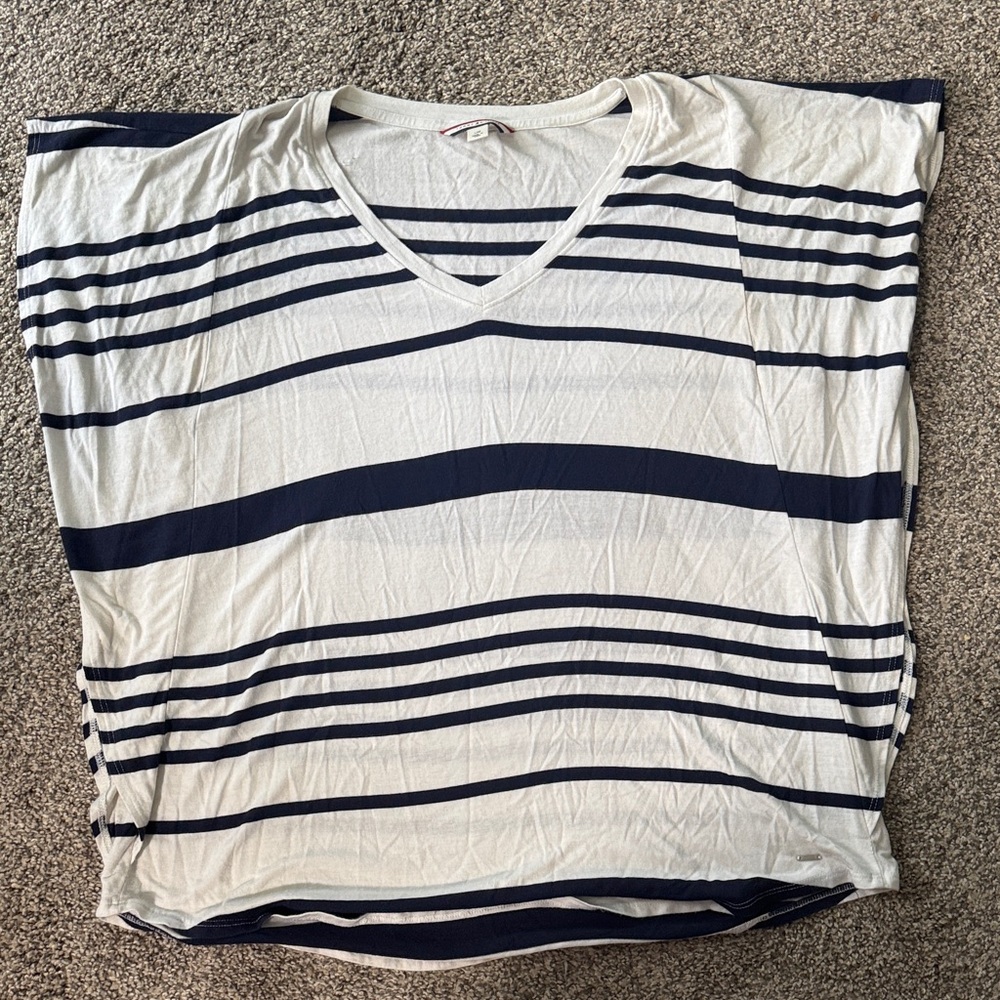 Tommy Hilfiger Navy and White Striped V-Neck Tee